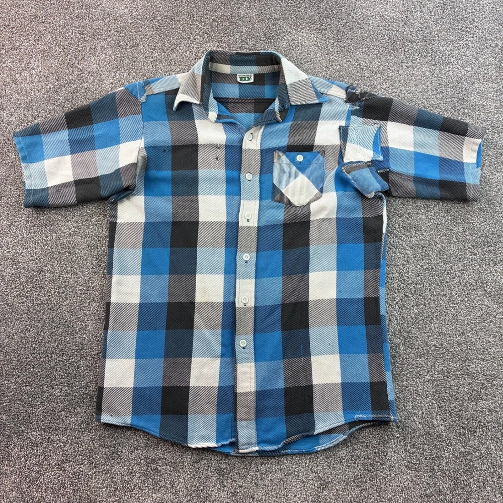 Vintage 60s Ely Cattleman Flannel Shirt Mens XL Blue Black Short Sleeve Plaid